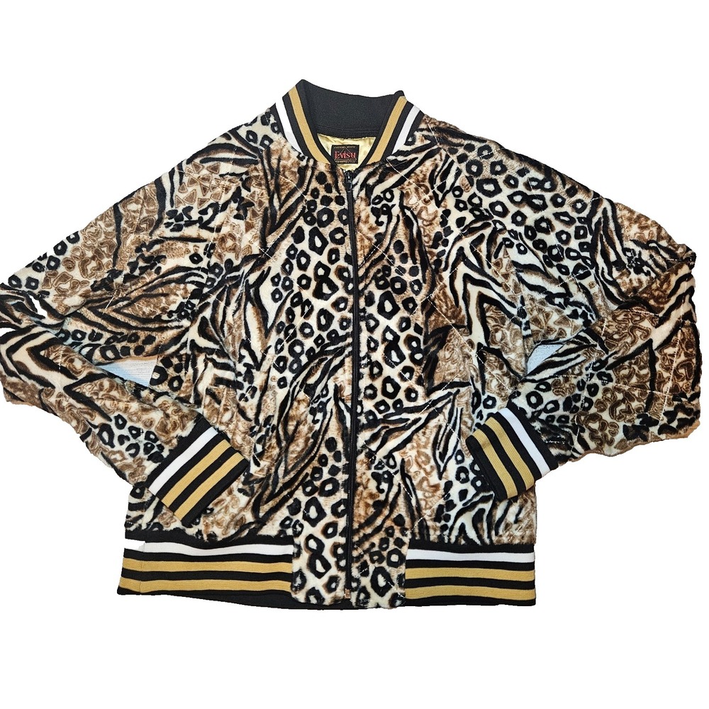 Evisu Jacket Mens Large? Brown Leopard Print Bomber Streetwear Retro Zip Up Logo